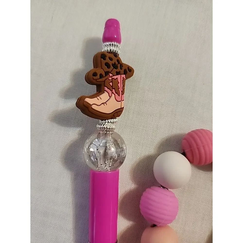 Bead Pen & Cup Charm Matching Combo Pink & Brown Cowgirl Boot Silicone Beads